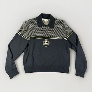 St John Collection VTG Collared Sweater SzS Black Gold Crest Santana Old Money